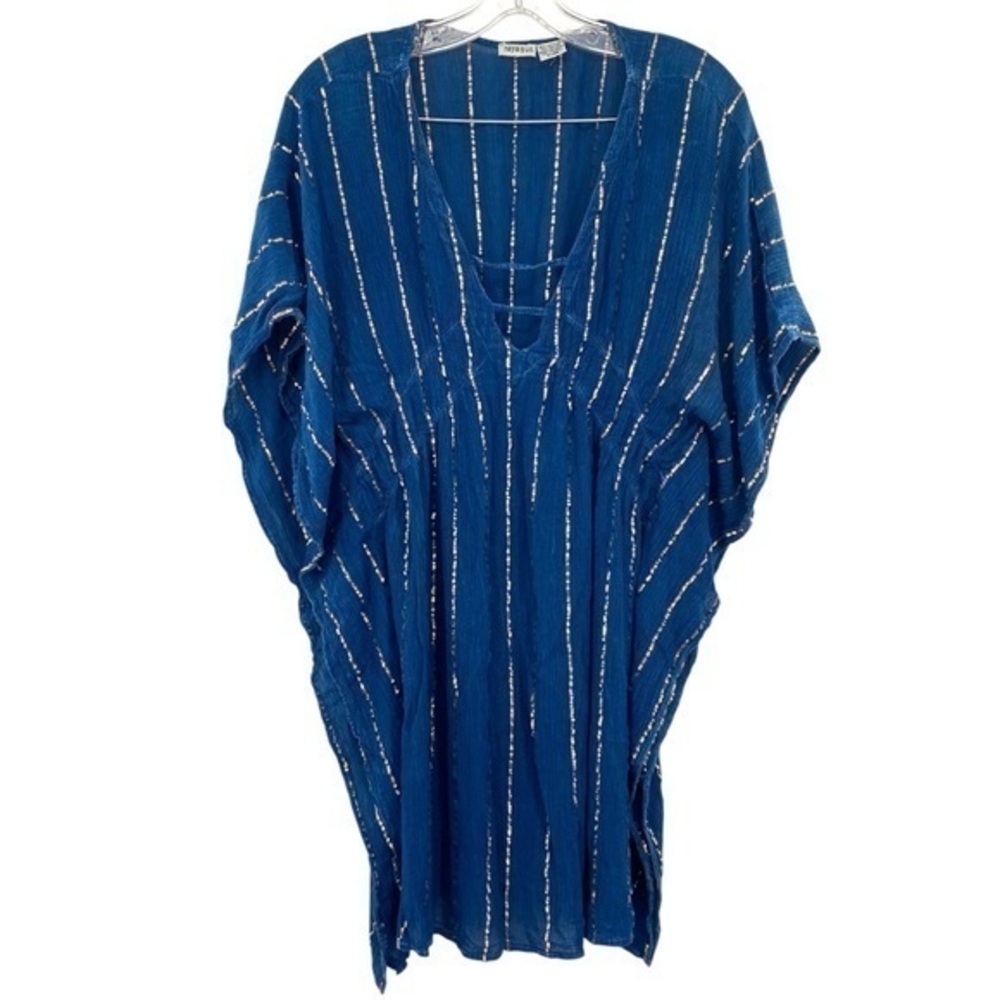 Raya Sun Cover Up Kaftan Blue Gold Boho Beach Vacation Swimsuit Coverup